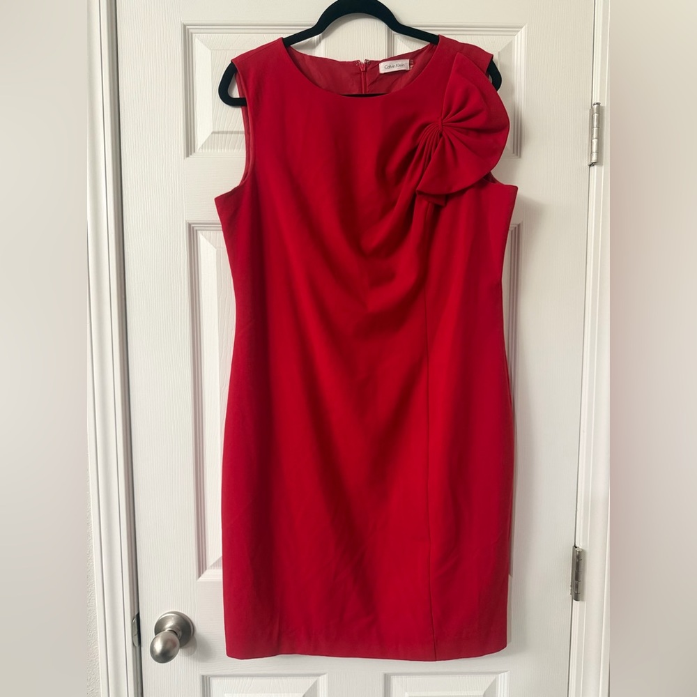 Calvin Klein Red Pleated Half Bow Detail Mini Sleeveless Cocktail Dress Size 14